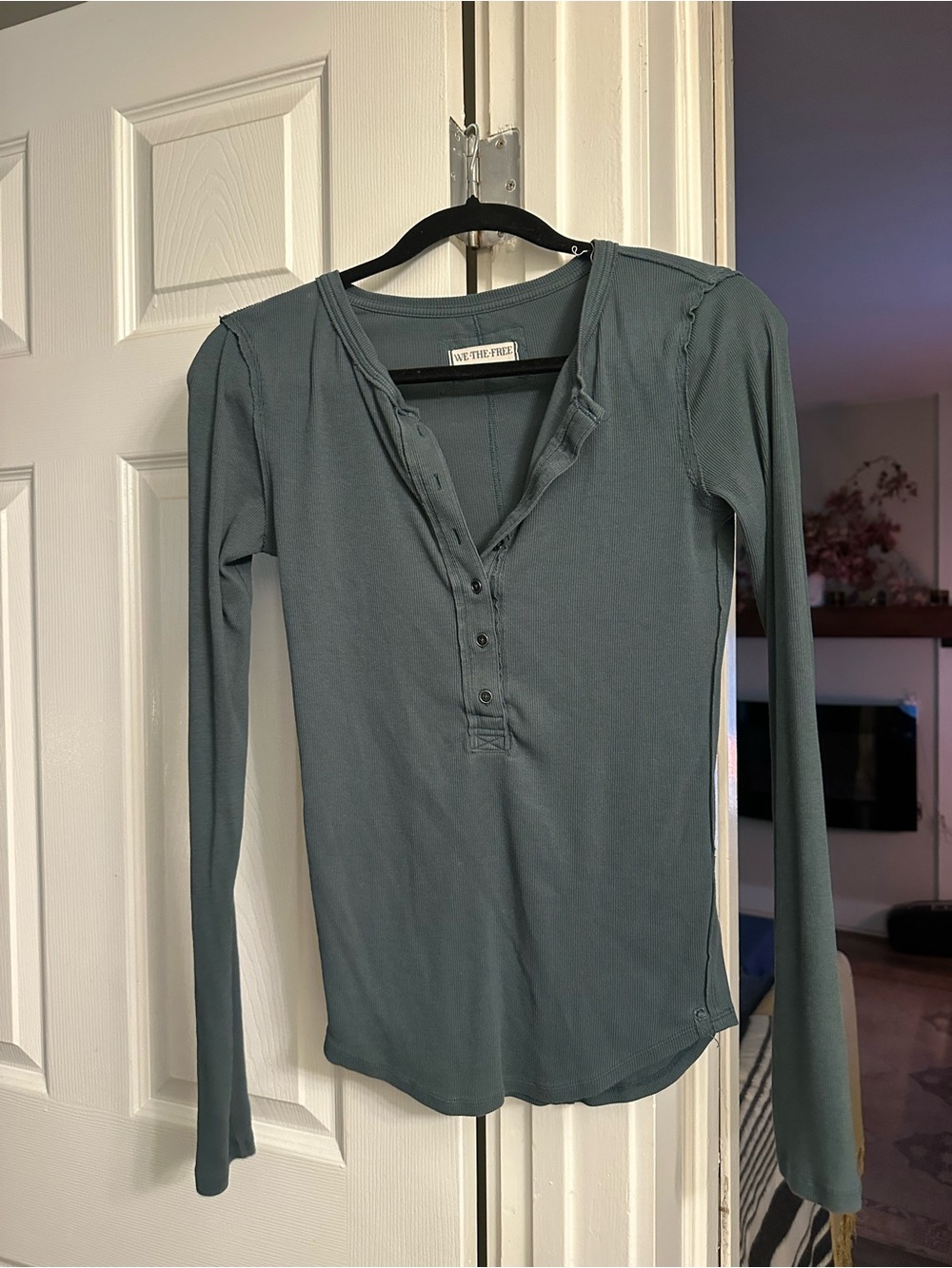 Free People We The Free Teal Ribbed Long Sleeve Henley Top Small